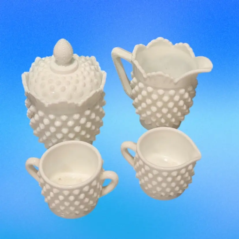 006.  Vintage Fenton Hobnail Milk Glass Sugar Creamer Set