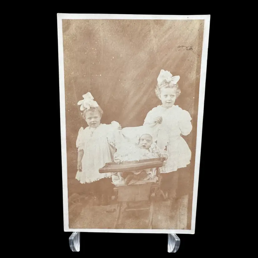 Adorable Trio Of Little Ladies Antique 1910 Real Photo Postcard, Marked Posted