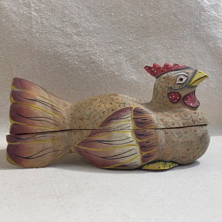 Hand Carved Wood Chicken Trinket Box Unique Eclectic Maximalist Farmhouse Decor