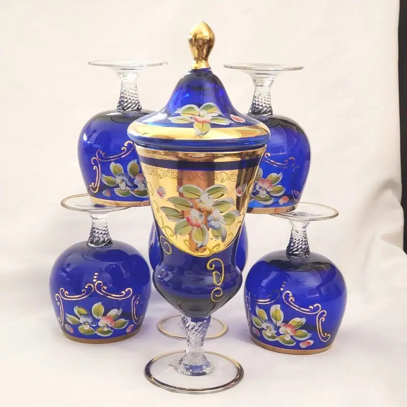 Cobalt Blue Kreiss Glass Enameled Covered Pedestal Jar with 5 Glasses Vintage