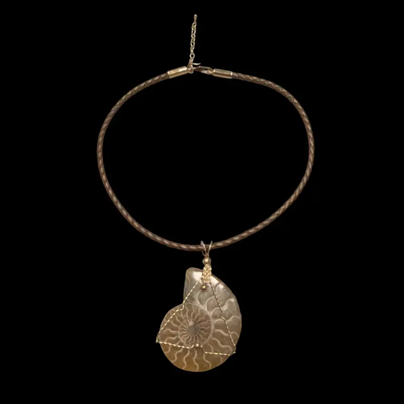 Handmade Gold Filled Wire Wrap Large Ammonite Fossil Pendant  3" on Barse Signed Braided 19” Leather Cord
