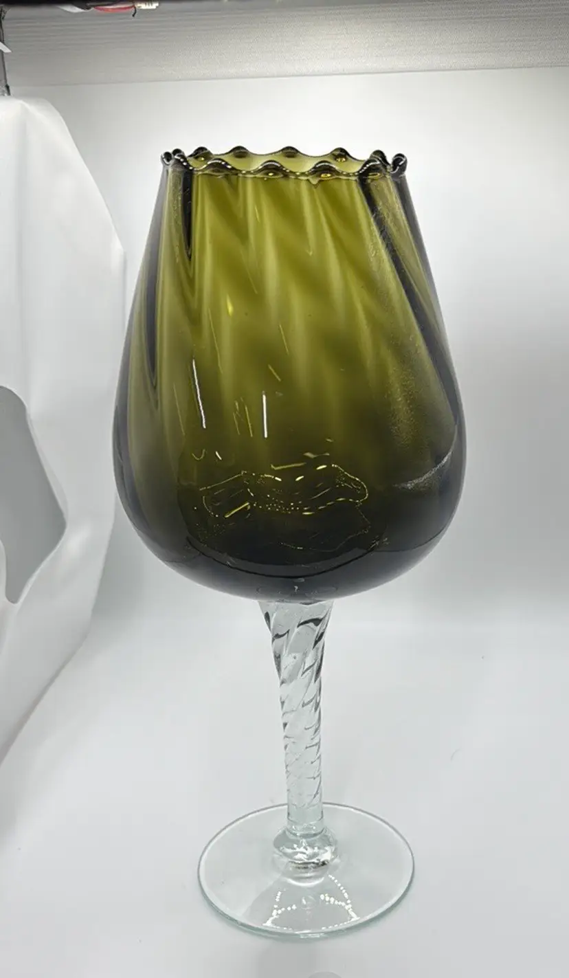 Empoli Italy Art Glass Olive Green Optic Snifter Vase Twist Clear Stem 10” tall
