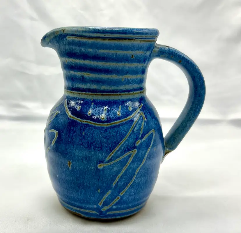 Artisan Made Blue Glazed Small Pitcher Creamer With Etched Design Signed
