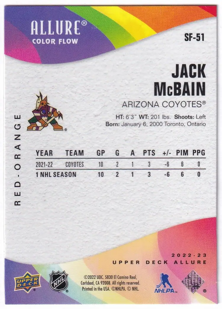 2022-23 Upper Deck Allure Color Flow Red Orange #SF51 Jack McBain Arizona Coyotes Hockey Card
