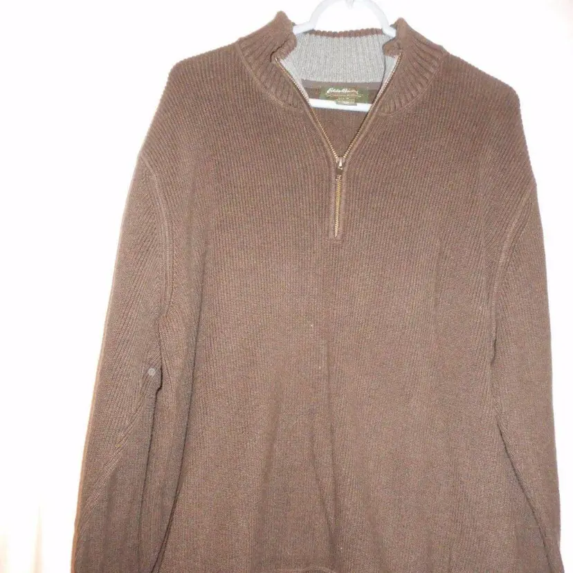 Eddie Bauer Size XXL 1/4 zip style Brown 100% cotton sweater w/ grey neck accent