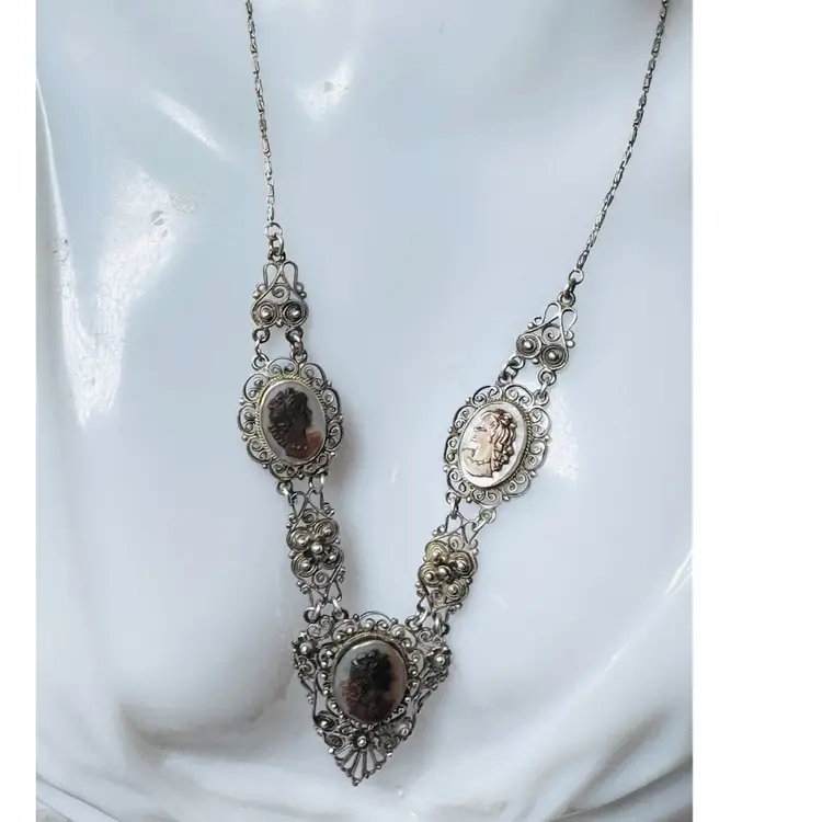 Vintage Antique Art Deco Carved Mother Of Pearl Mop Shell 3 Cameos 900 Silver Filigree Necklace -ca. 1920-30