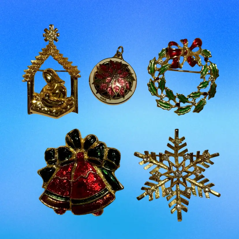 Lot/5 Vintage Christmas Goldtone Jewelry