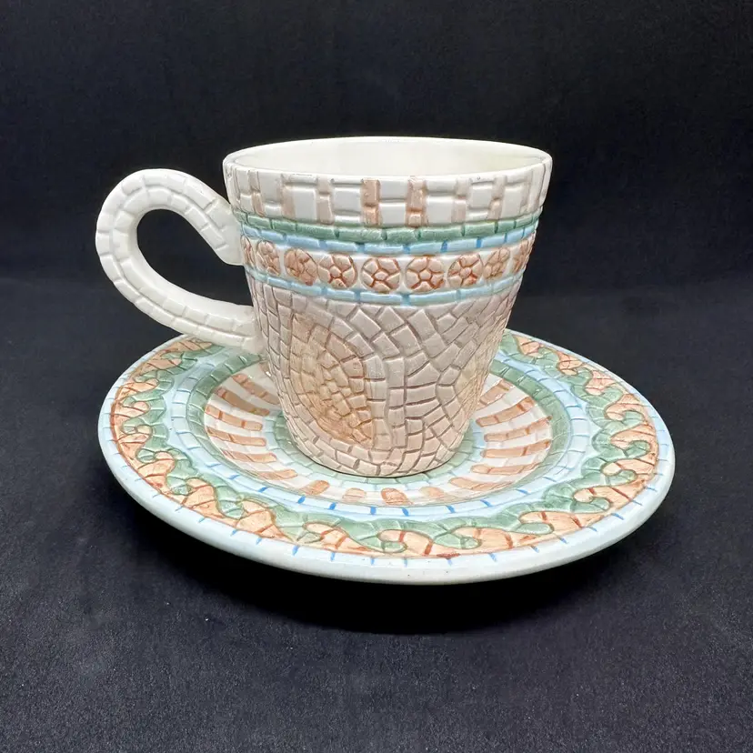 Vintage 1997 Cracker Barrel Tea Cup Saucer Ocean Star Fish Sea Shell Mosaic Peach Teal Planter Pastel