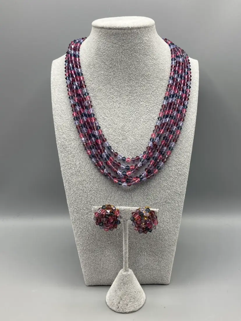 Vintage Blue Purple & Pink Multistrand Necklace and Clip-on Earrings Goldtone - Marked Pat Pending