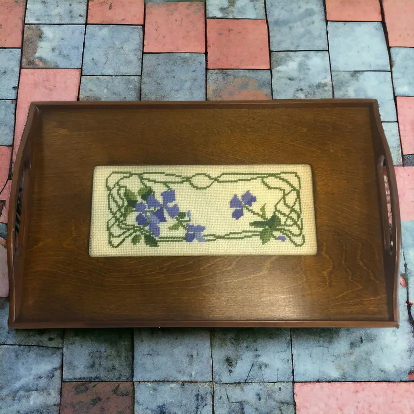 Needlepoint Wood Serving Tray Glass Top Insert Blue Violet Flowers