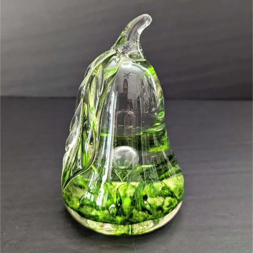 Green Glass Wheaton Ware Pear Paperweight Figurine 5" Hand Made