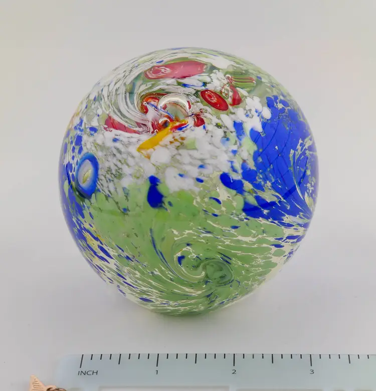 Glass Paperweight with Colorful Swirled Design
