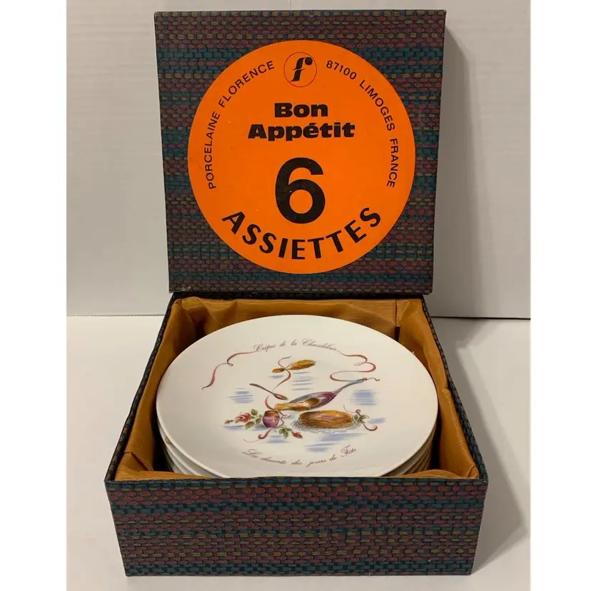 RARE Vintage Porcelaine D’Art Selection Florence Limoges Holiday Desserts Plates Set of 6 in Original Box