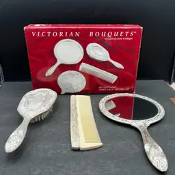 #425B Vintage New In Box Godinger 3 Pc Vanity Dresser Set. Hand Mirror, Brush, And Comb. Silver Plated Victorian Bouquet Pattern