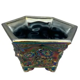 Vtg. Fenton Glass Amethyst Carnival Glass Hexagonal Footed Floral Planter Bowl