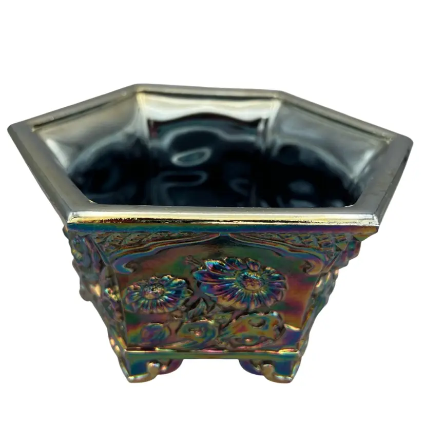Vtg. Fenton Glass Amethyst Carnival Glass Hexagonal Footed Floral Planter Bowl
