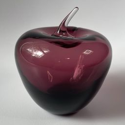 Blenko Apple Art Glass Amethyst Purple Paperweight, Hand Blown W/ Applied Clear Stem