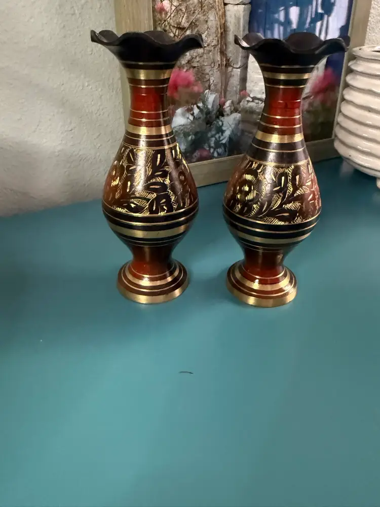2- Solid Brass Flower Vase Hand Etched w/ Enamel Design Made in India