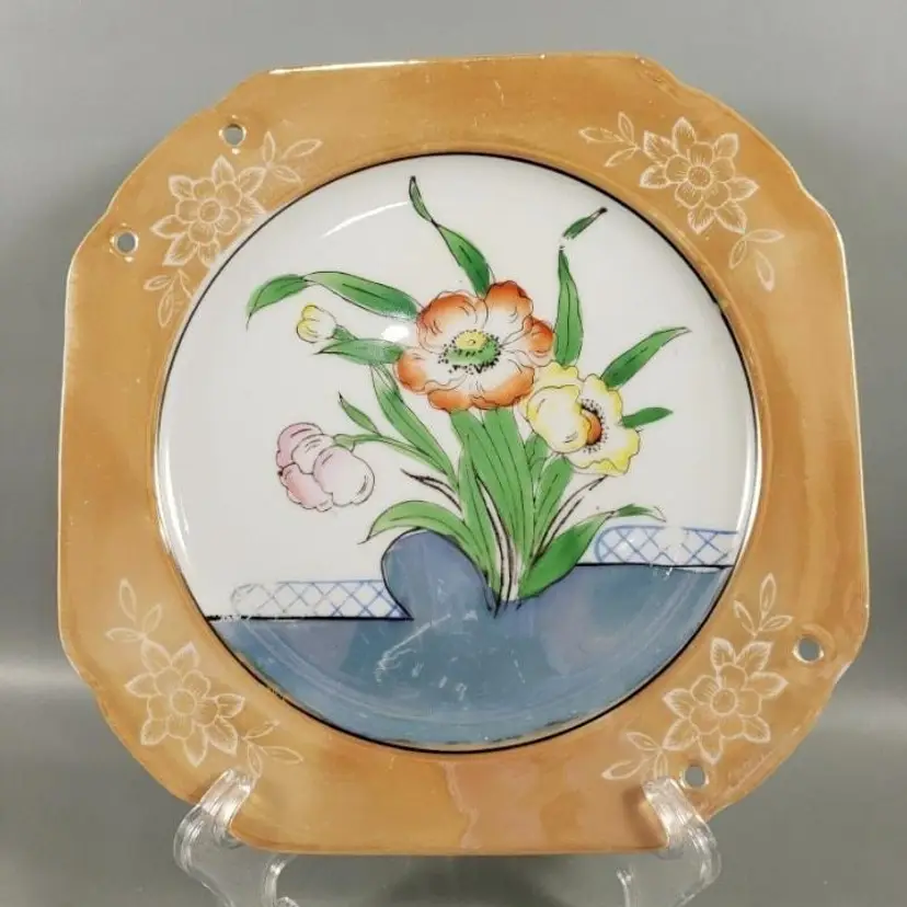 Vintage ART DECO JAPAN Luster Hand Painted Floral Porcelain Decor Plate