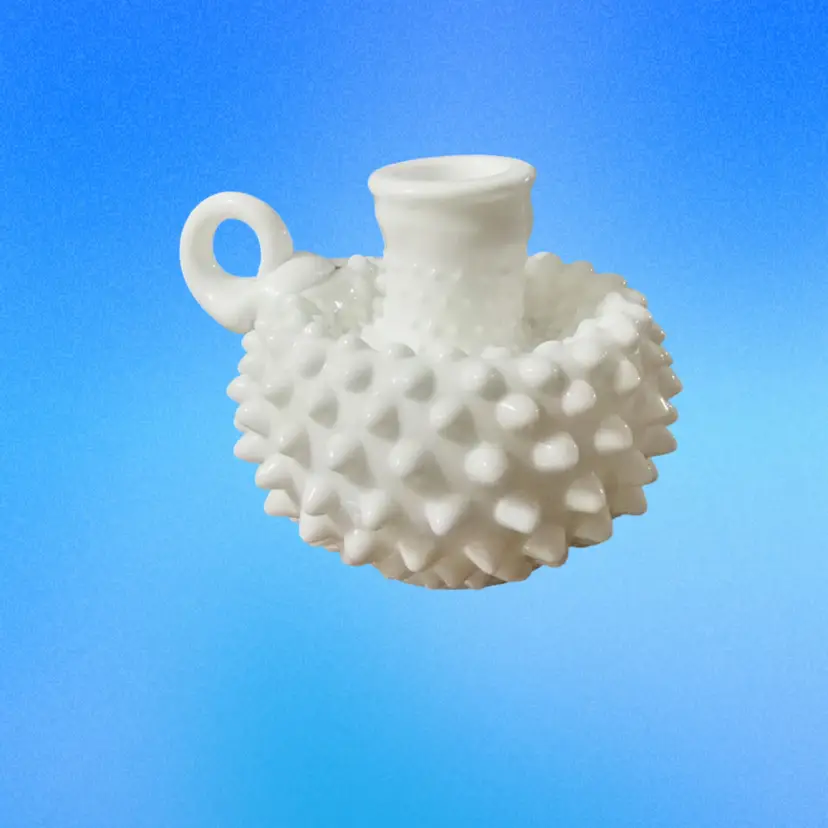 Fenton White Hobnail Milk Glass handled candle holder
