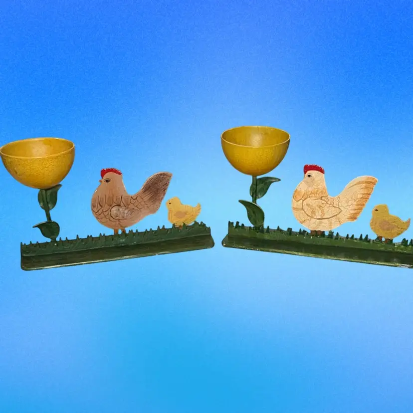 Vintage Chicken & Chick Egg Metal Painted Cup Holder Set Of 2