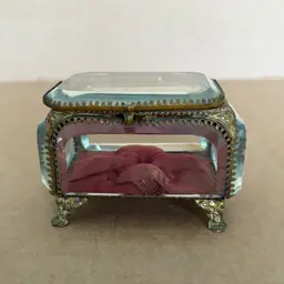 Antique French Jewelry Casket Trinket Box Beveled Etched Glass 19th C Victorian