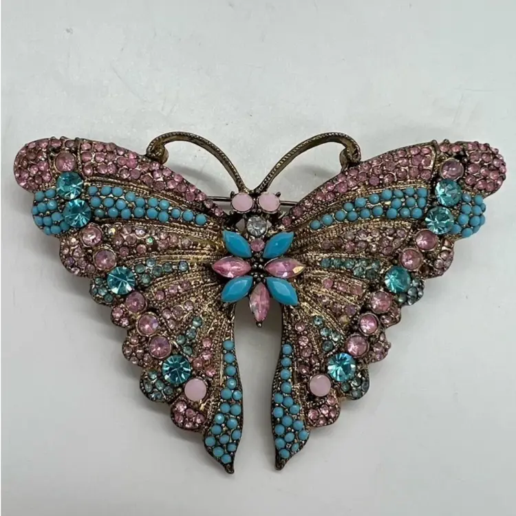 Vintage Carol Dauplaise Rhinestone Enamel Butterfly Brooch Pin 1990's Blue Pink