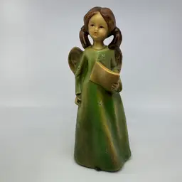 Vintage 7" Ceramic Singing Angel Figurine Mid-Century Green Robe Christmas Decor