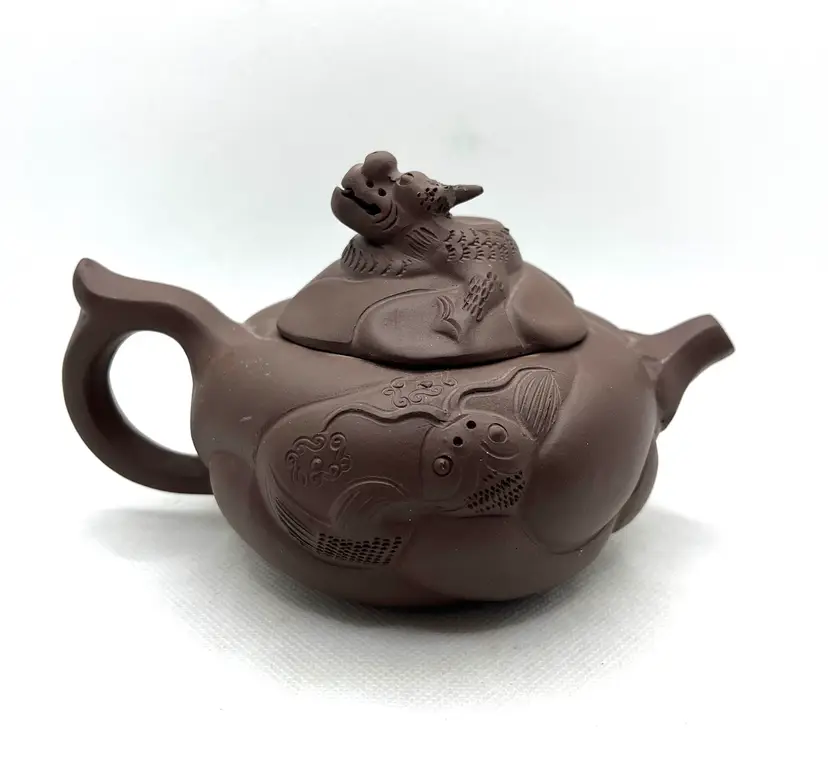 Small Handmade In China CCCI Yixing Brown Dragon Fish Clay Teapot Marked