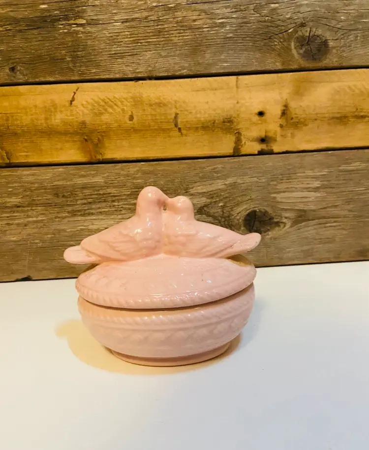Vintage Love Birds Kissing Doves on Nest Trinket Dish Shabby Chic CottageCore Country Cottage