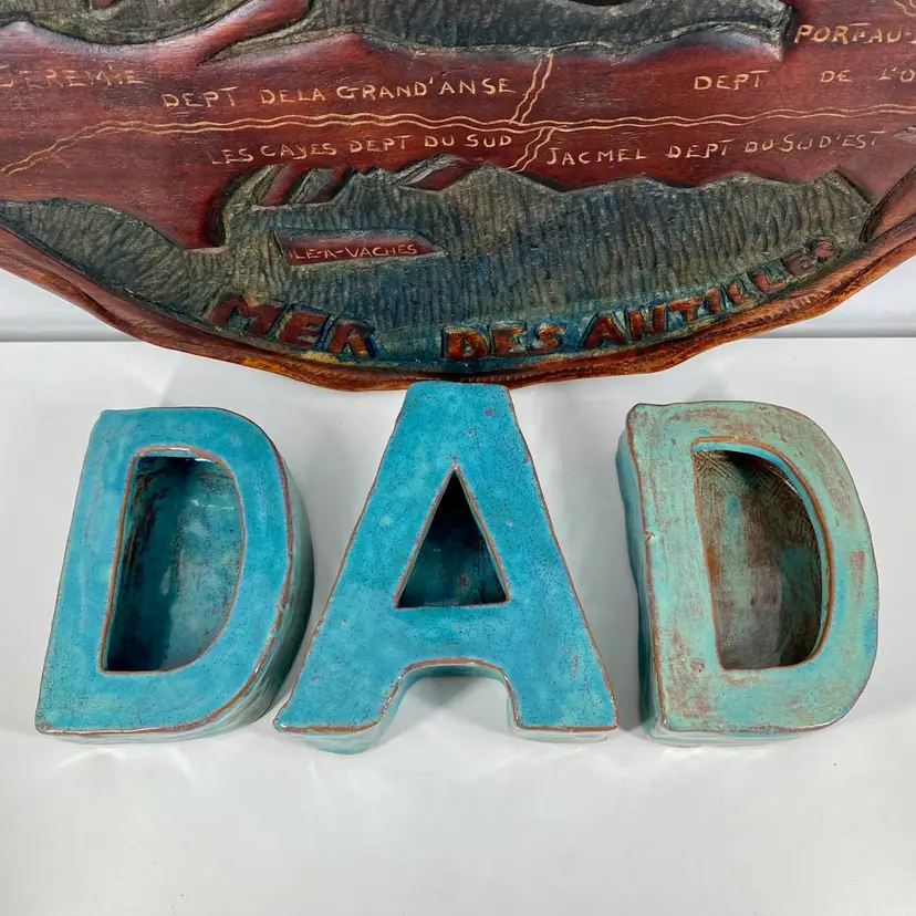 Signed CERAMIC Glazed DAD Block LETTERS Handmade VTG 80s FATHERS DAY Cool Ashtrays Or Trinket Holders
