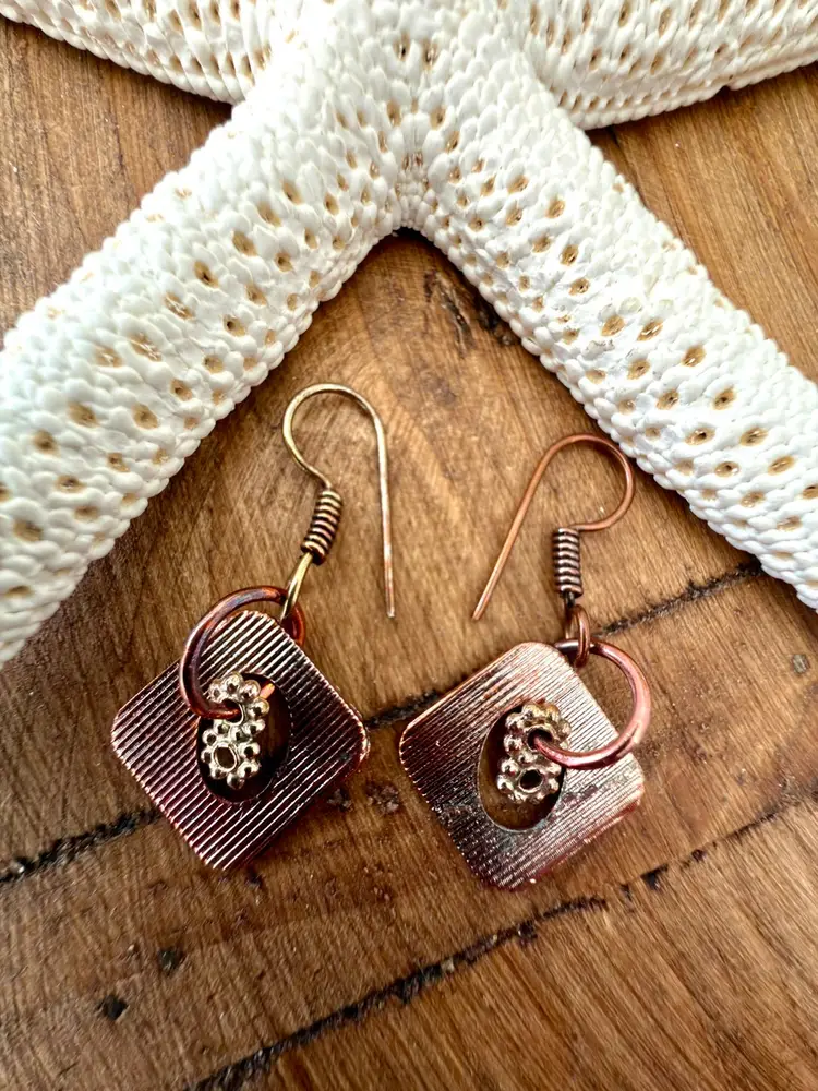 Mix Metal Square Textured Round Rings Hoop Earrings