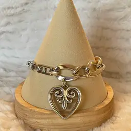 Brighton Heart Charm Bracelet Silver Plated Chunky Link Toggle Romantic Scroll Design
