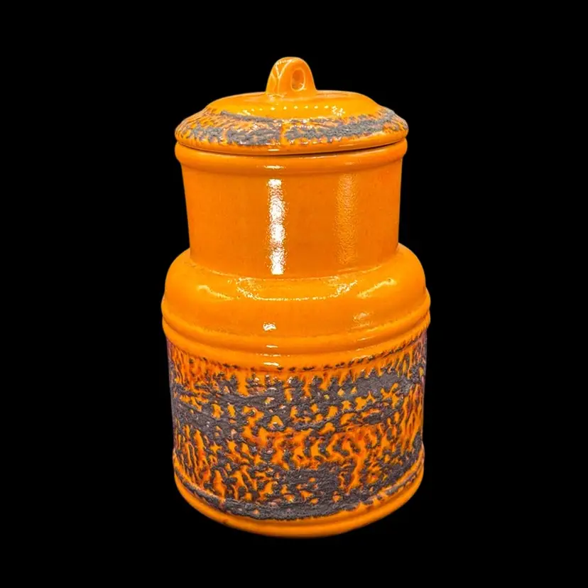Vintage Canada Orange Glaze Textured Lidded Jar 9 1/2” X 5” Excellent Condition Stamped