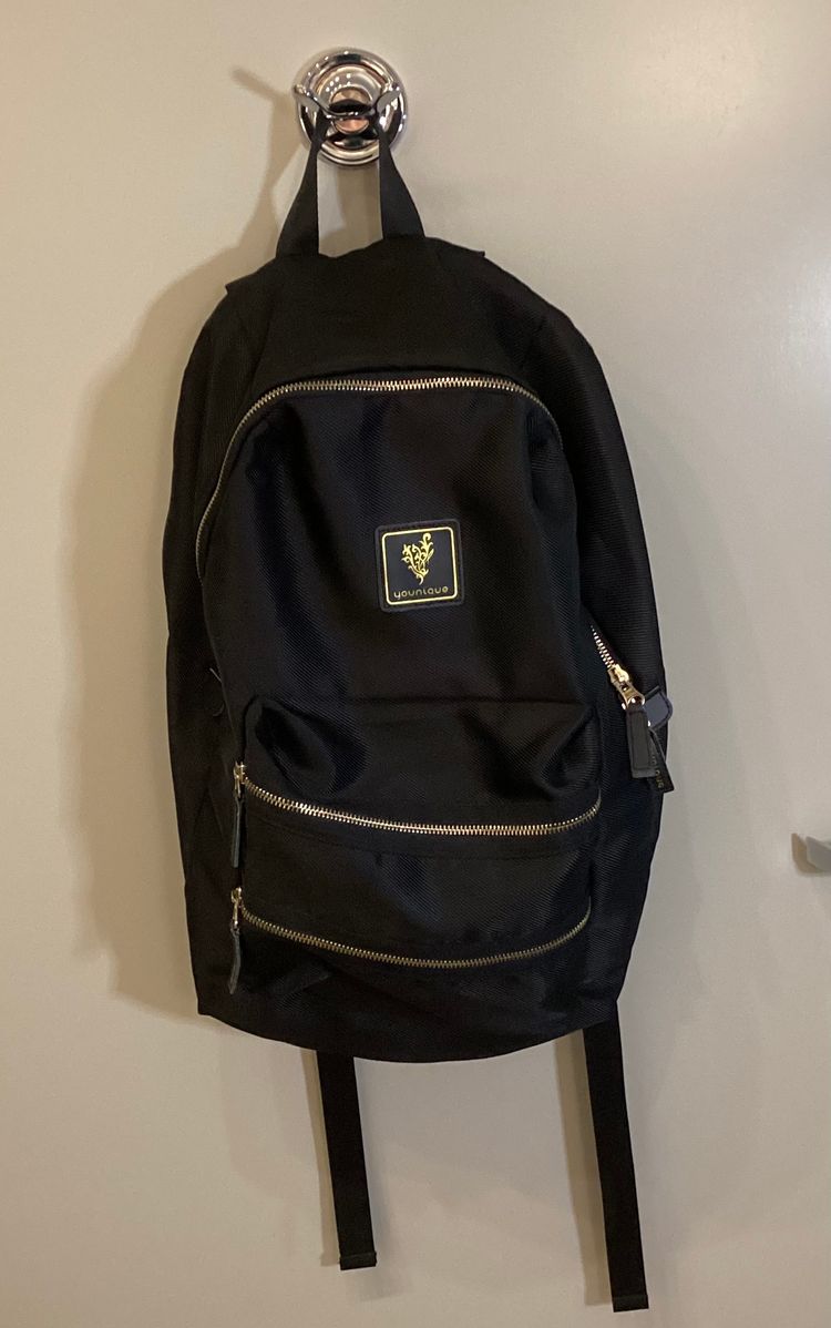 Younique Black Backpack Gold Zipper Accents Purple Interior Travel Bag Cloth