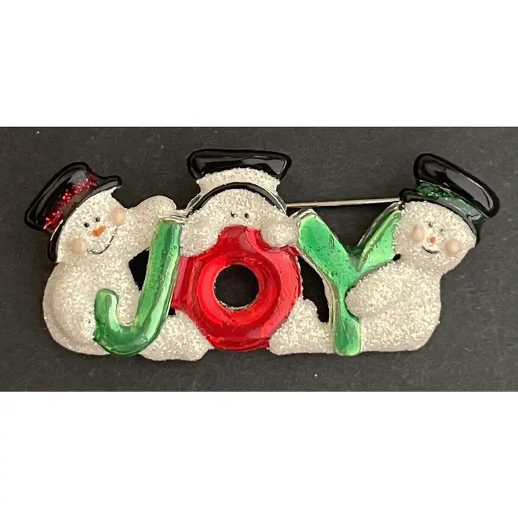 VTG DANECRAFT SNOWMAN TRIO JOY CHRISTMAS BROOCH Pin Silver Tone Glitter Holiday Jewelry