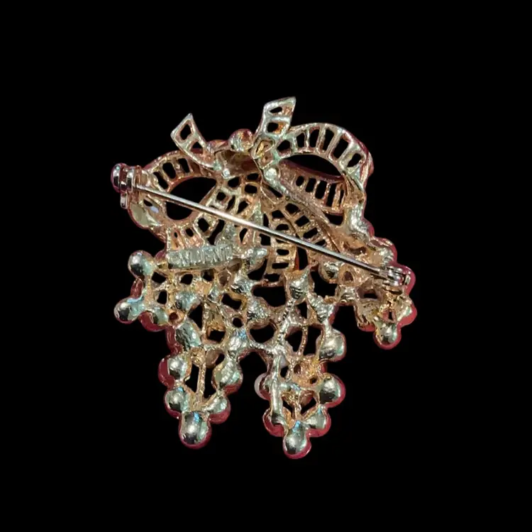 Vintage Goldtone M. Jent Brooch. Faux PearlGrapes Hanging From A Goldtone Ribbon.