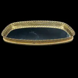 #240B Vintage Gold Tone Hollywood Regency Vanity Mirror-Tray With Floral Design RimRead - There Is A Light Bottle Bottom Scratch On The Mirror - Hard To Photograph, See Pictures.