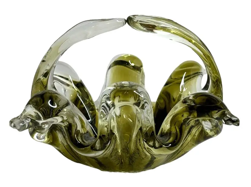 Art Glass Green and Clear Decorative Basket with Handle