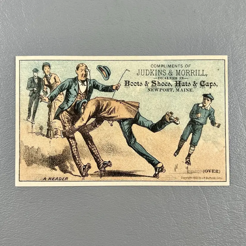 Victorian Trade Card Roller Skating Fall A Header Newport Maine Judkins Morrill Boots & Shoes, Hats & Caps