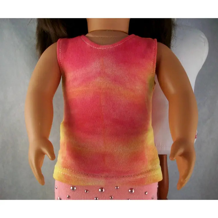 Handmade 18 inch Doll  Pink Yellow Tie Dye Tank Top Pink Knit Skirt Set Repurposed Girls Clothing