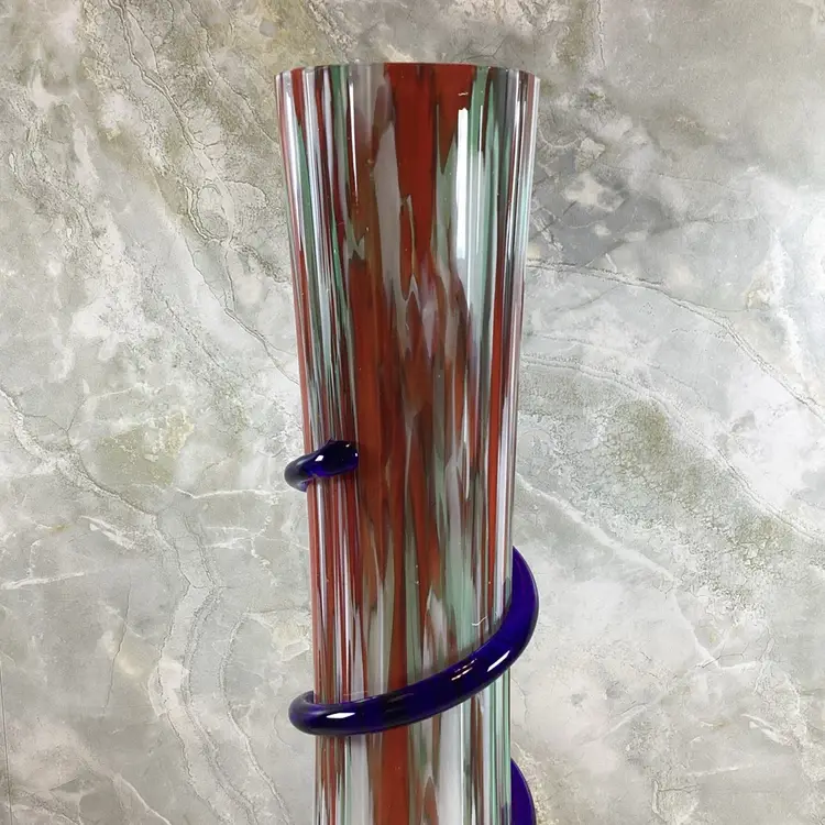 Czech Art Glass End Of Day Ribbed Serpentine Snake Coil Vase Red Green Blue