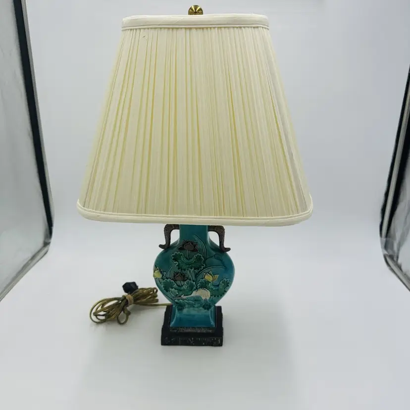 Chinese Lily Wu Majolica Lamp Turquoise Crane Elephant Handles Bronze Republic