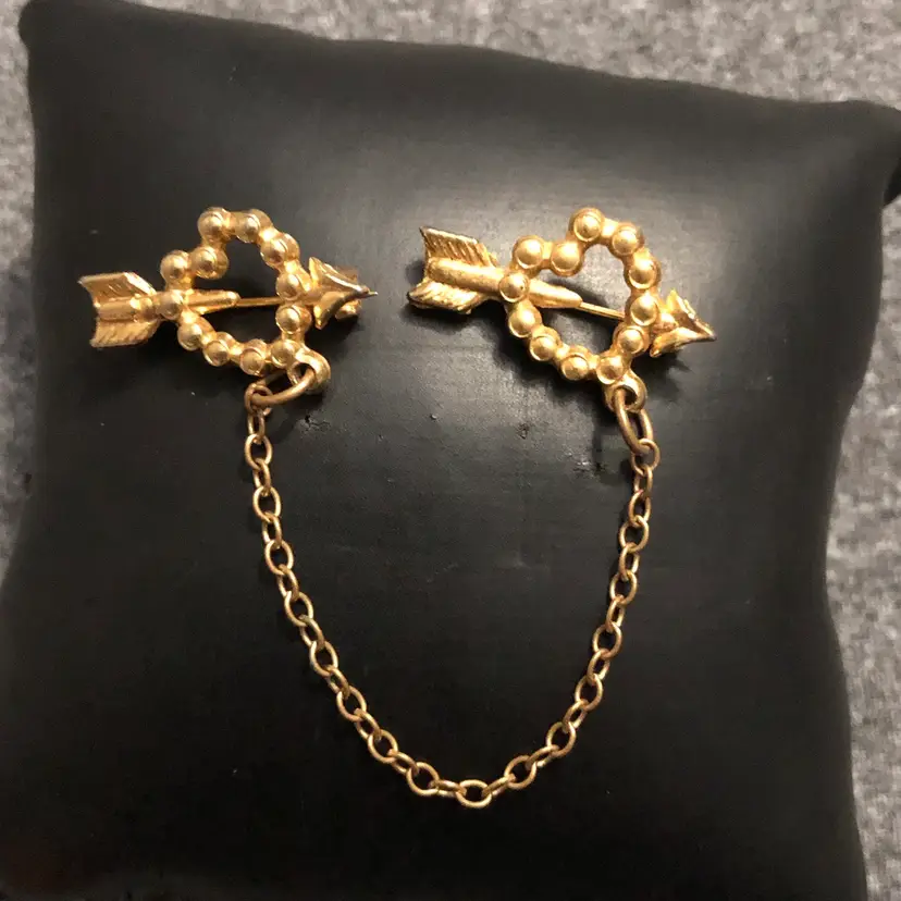 Vintage Gold-Tone Double Hearts with Arrows Sweater Guard Brooch