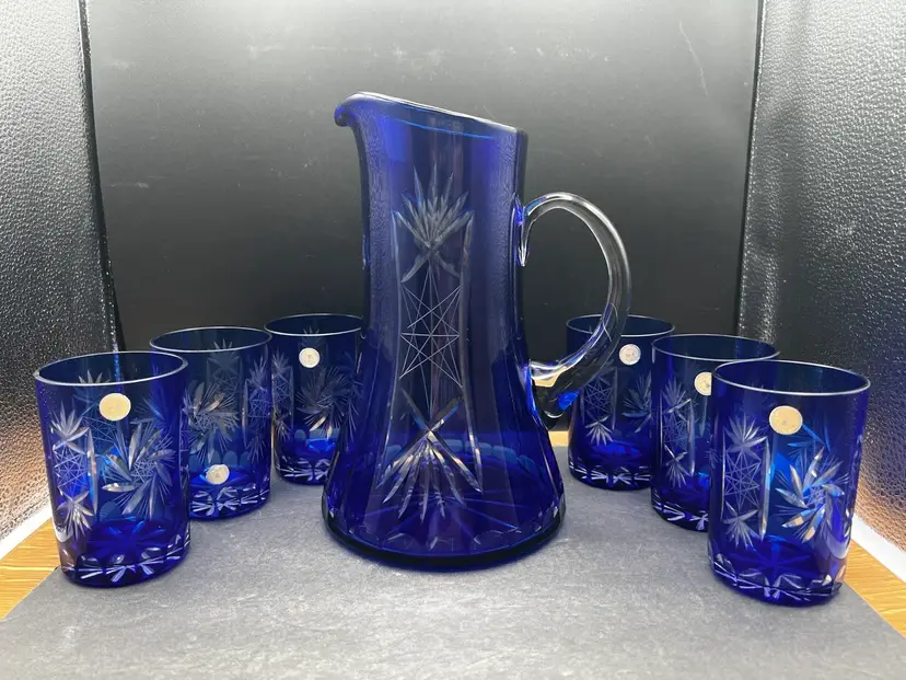 #630B Stunning Vintage 7 Piece Set Of Romanian Cobalt Blue Cut To Clear Crystal Pitcher And Glasses
