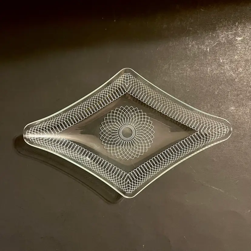 Vtg Swedish Art Glass Svend Jensen Spirograph Dish Tray DENMARK 9" L Diamond MCM
