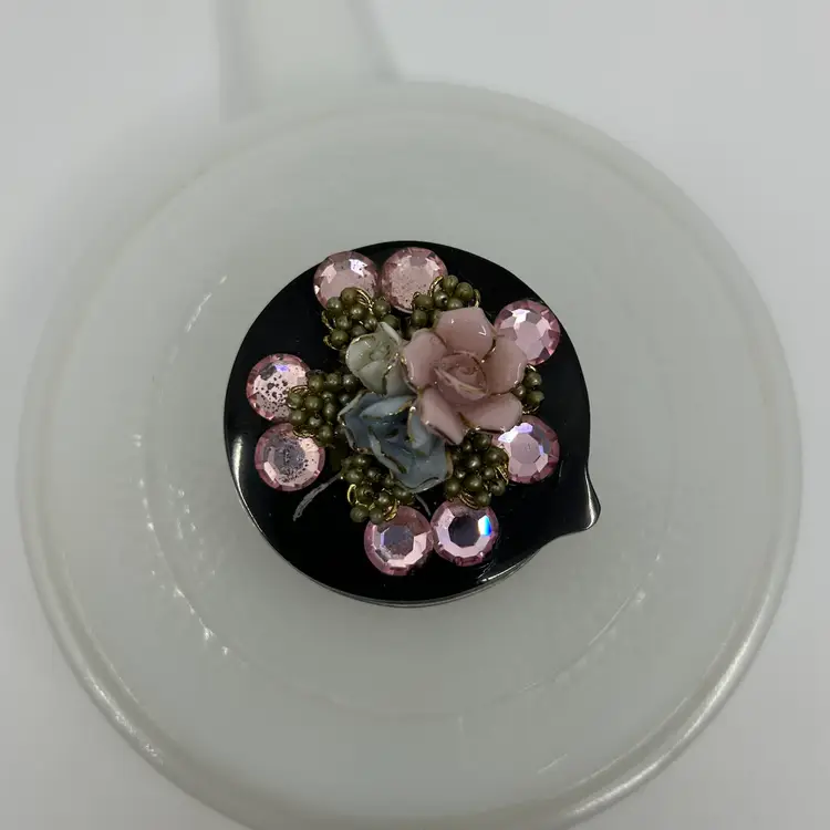 Small Metal Interior Black Stone Exterior Trinket Box Adorned W Pink Rhinestones, Beads, And Porcelain Flowers