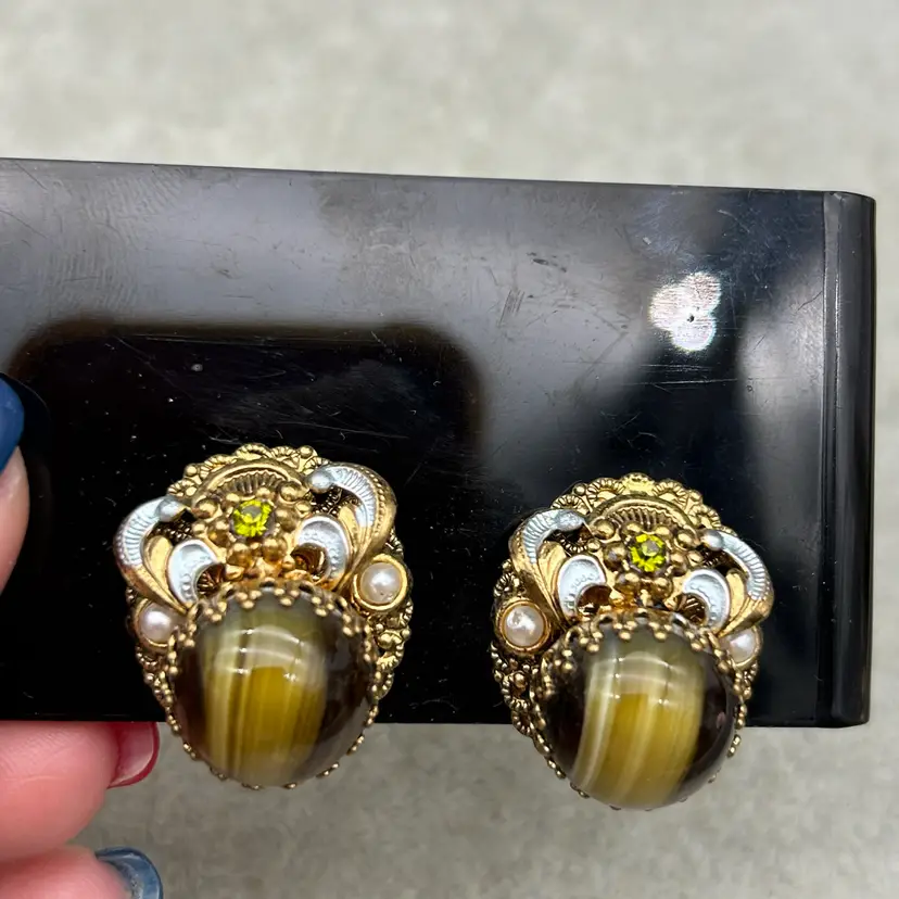 Vintage West Germany Banded Art Glass Cabochon Clip Earrings Victorian Revival