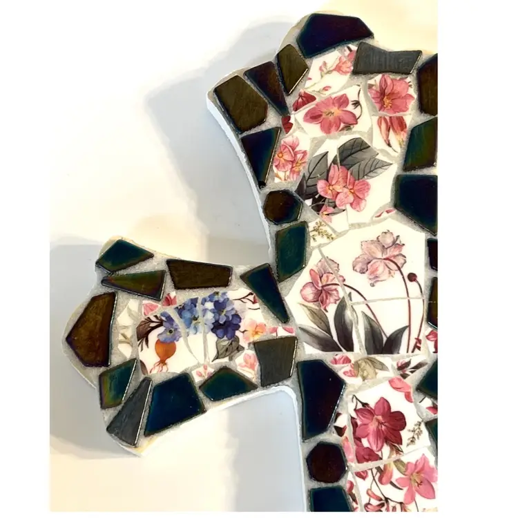 Handmade Cross Mosaic Glass & Broken China Easter Religious Christianity Wall Decor 11.5 in Height