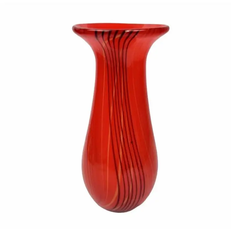 Vintage Art Glass Vase Red Orange & Black Stripe Swirl Design 10" Hand Blown